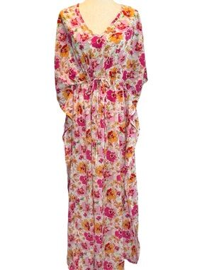 Caftan Floral Pink & Orange with Drawstring Waist SZ M
